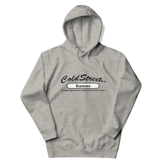 Gray hooded sweatshirt with Cold Street Kansas text in carbon grey white color