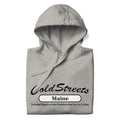 Light gray hooded sweatshirt with Cold Streets Maine and motivational slogan in carbon grey white