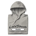 Light gray hooded sweatshirt with Cold Streets Alaska and slogan from CS Clothing Co