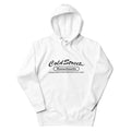 White hooded sweatshirt with Cold Street Massachusetts design from CS Clothing Co. in grey white sky