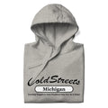 Light gray hooded sweatshirt with Cold Streets Michigan text and motivational slogan