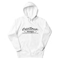 White hooded sweatshirt with Cold Street Michigan print from CS Clothing Co. in sky blue bone