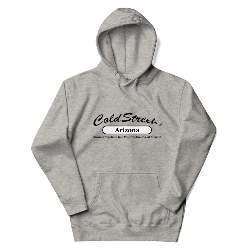Gray hooded sweatshirt with Cold Street Arizona text in carbon grey white design