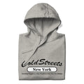 Light gray hooded sweatshirt with Cold Streets New York print in carbon grey white design