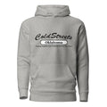 Gray hooded sweatshirt with Cold Streets Oklahoma in carbon grey white color by CS Clothing Co