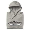 Light gray hooded sweatshirt with Cold Streets Oregon text in carbon grey white design