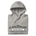 Light gray hooded sweatshirt with Cold Streets South Dakota text in carbon grey white color