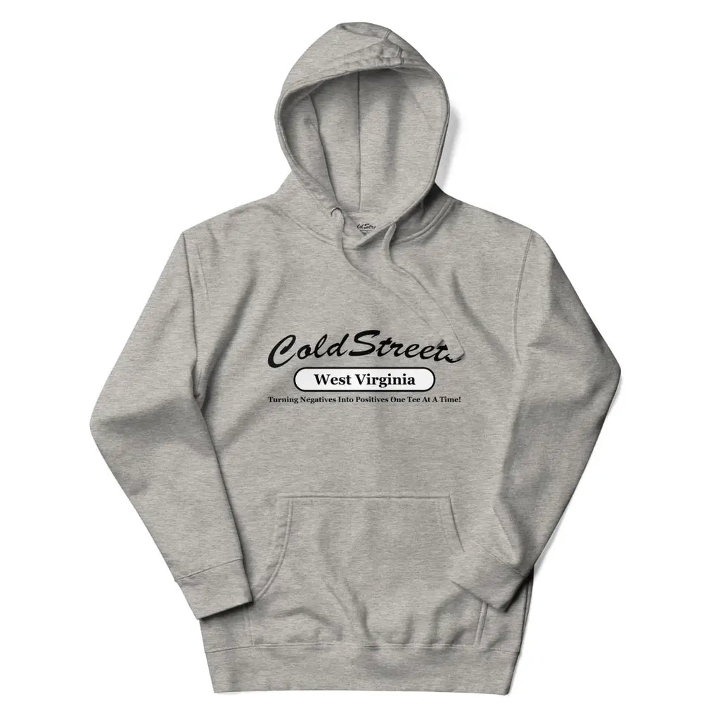 Gray hooded sweatshirt with Cold Stream West Virginia print, available in Carbon Grey White