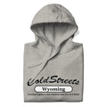 Light gray hoodie with Cold Streets Wyoming print from CS Clothing Co in carbon grey white