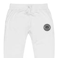 White unisex sweatpants with circular peace logo from CS Clothing Co. 0-WW-6 represent cold streets clothing