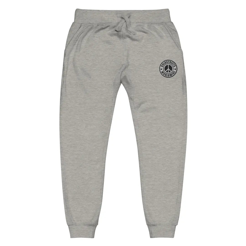 Gray unisex sweatpants with embroidered logo patch from CS Clothing Co. 0-WW-6 represent cold streets clothing