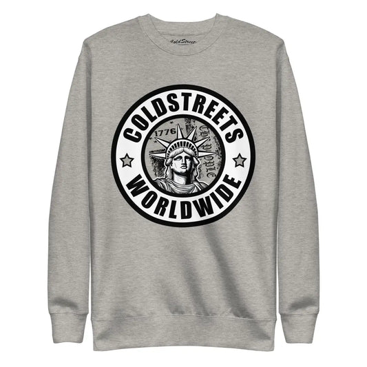 Grey sweatshirt with Coldstreets Worldwide logo featuring Statue of Liberty in carbon grey white