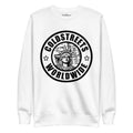 White sweatshirt with black Statue of Liberty logo from CS Clothing Co. in carbon grey white