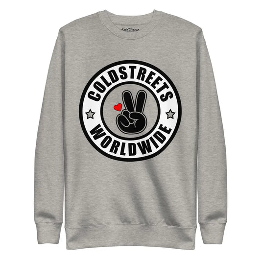 Grey sweatshirt with Coldstreets Worldwide logo and peace sign, perfect for the Dusty Rose team