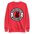 Red sweatshirt featuring Coldstreets Worldwide logo with peace sign for CS Clothing Co