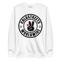 White sweatshirt with Coldstreets Worldwide logo in peace sign, perfect for dusty rose team style