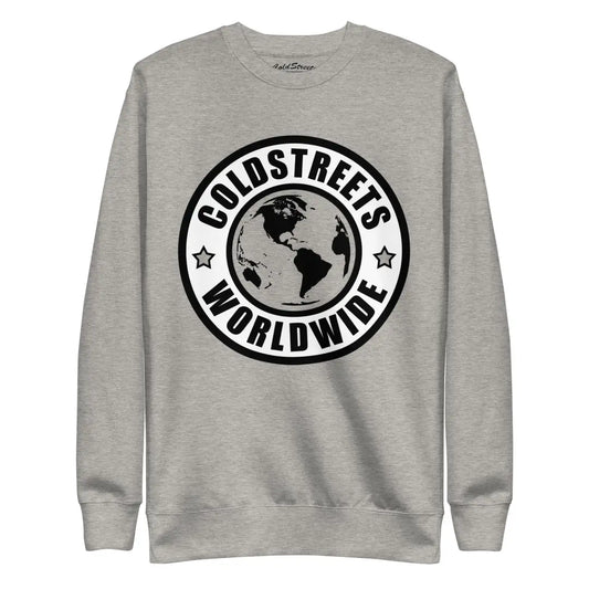 Grey sweatshirt with Coldstreets Worldwide logo showcasing Earth’s continents