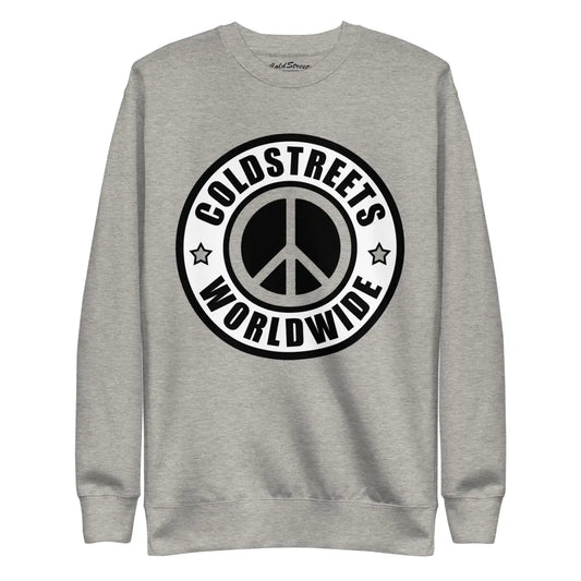 Grey sweatshirt featuring a black peace sign logo and COLDSTREETS WORLDWIDE text