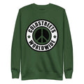 Green sweatshirt with peace sign logo and GOLDSTREETS WORLDWIDE, in royal forest green