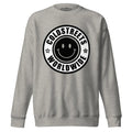 Grey sweatshirt with black smiley logo and COLDSTREETS WORLDWIDE, part of CS Clothing Co. collection