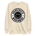 Cream sweatshirt with black smiley logo and COLDSTREETS WORLDWIDE text for royal team red