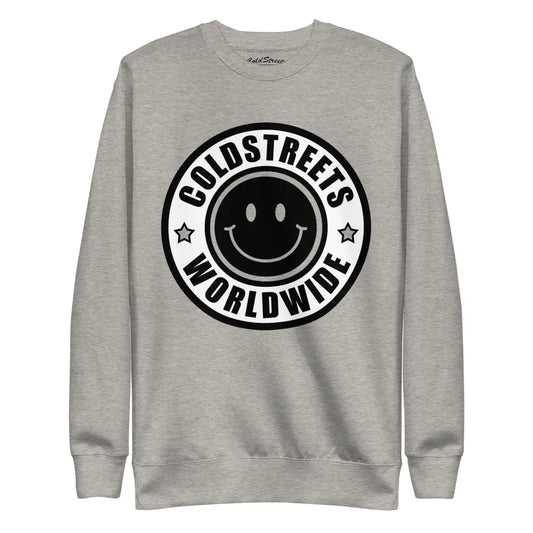 Grey sweatshirt with black smiley logo and Coldstreets Worldwide text for dusty rose team