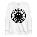 White sweatshirt with black smiley logo and COLDSTREETS WORLDWIDE, featuring red forest green design