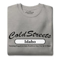 Grey t-shirt from CS Clothing Co. featuring Cold Streets Idaho slogan on dusty rose team design