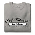 Grey t-shirt from CS Clothing Co. with Cold Streets Louisiana slogan, available in carbon grey white