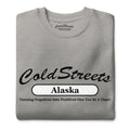 Grey t-shirt with Cold Streets Alaska text and slogan from CS Clothing Co. US