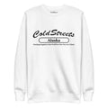 White sweatshirt with ColdStreets Alaska text, perfect for Dusty Rose Team fans