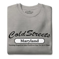 Grey t-shirt with Cold Streets Maryland text in carbon grey white by CS Clothing Co