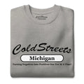 Grey t-shirt with Cold Streets Michigan text and slogan from CS Clothing Co. in dusty rose team style