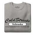 Grey t-shirt featuring Cold Streets Nebraska text and a positivity slogan in carbon grey white