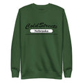 Green sweatshirt featuring ColdStreets Nebraska text from CS Clothing Co. in Royal Forest Green
