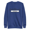 Navy blue sweatshirt with Arizona text, available in carbon grey white and royal forest green