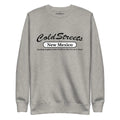 Gray sweatshirt featuring Cold Streets New Mexico text in carbon grey white style