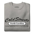 Grey t-shirt with Cold Streets North Carolina text, perfect for the Dusty Rose team