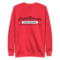 Red sweatshirt with ColdStreets North Carolina text for Dusty Rose Team apparel