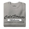 Grey t-shirt with Cold Streets Oklahoma text, turning negatives into positives slogan