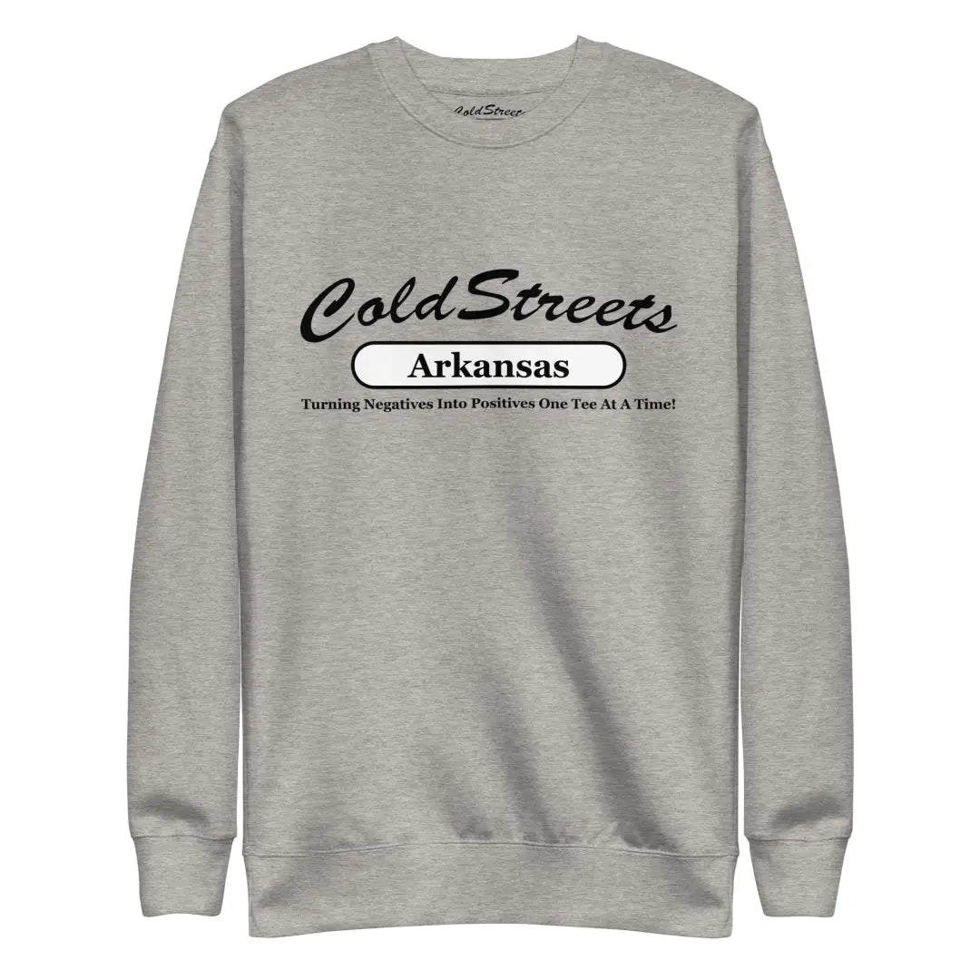 Grey sweatshirt featuring ColdStreets Arkansas, part of the Carbon Grey White collection