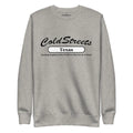 Gray sweatshirt featuring ColdStreets Texas text, perfect for Dusty Rose Team fans