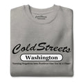 Grey t-shirt from CS Clothing Co. features Cold Streets Washington slogan for red team royal