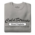 Grey t-shirt with Cold Streets West Virginia text from CS Clothing Co in carbon grey white