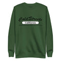 Forest green sweatshirt with ColdStreets California text from CS Clothing Co