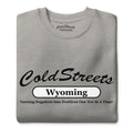 Gray T-shirt featuring Cold Streets Wyoming text and slogan on carbon grey fabric