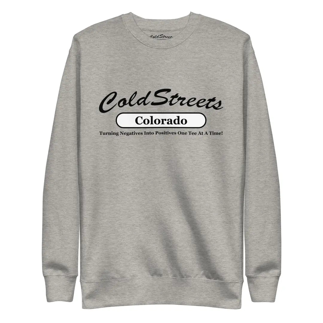 Grey sweatshirt featuring ColdStreets Colorado in Carbon Grey and White design
