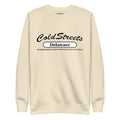 Cream-colored sweatshirt with ColdStreets Delaware text, part of CS Clothing Co. collection