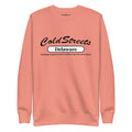 Peach sweatshirt featuring ColdStreets Delaware text, available in carbon grey white