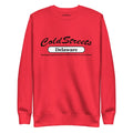 Red sweatshirt featuring ColdStreets Delaware text, perfect for casual style in carbon grey white